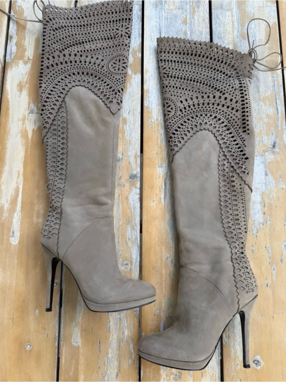 Pour La Victoire Taupe Suede Over-the-Knee Laser-Cut Boots size 7